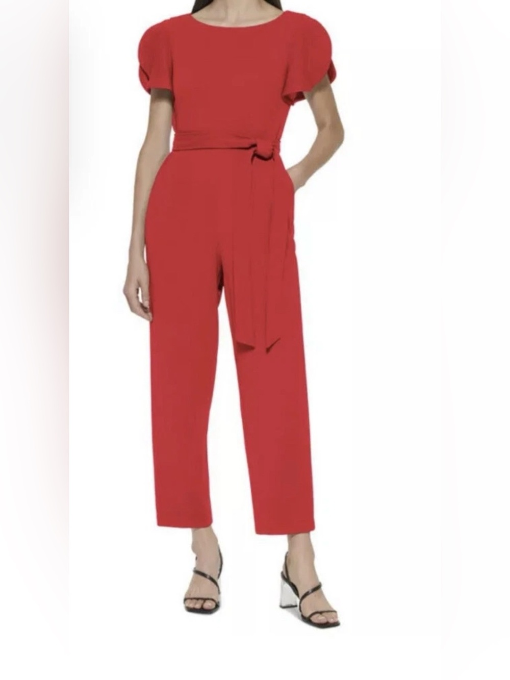 Calvin Klein Orange Crepe Belted Jumpsuit Waist Tie Back Zip Size 6
NWT